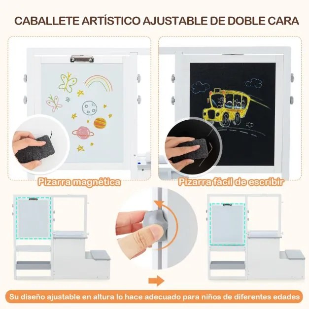 Conjunto de mesa e banco de arte para crianças com cavalete ajustável de dupla face, quadro magnético e rolos de papel substituíveis Branco e cinzento