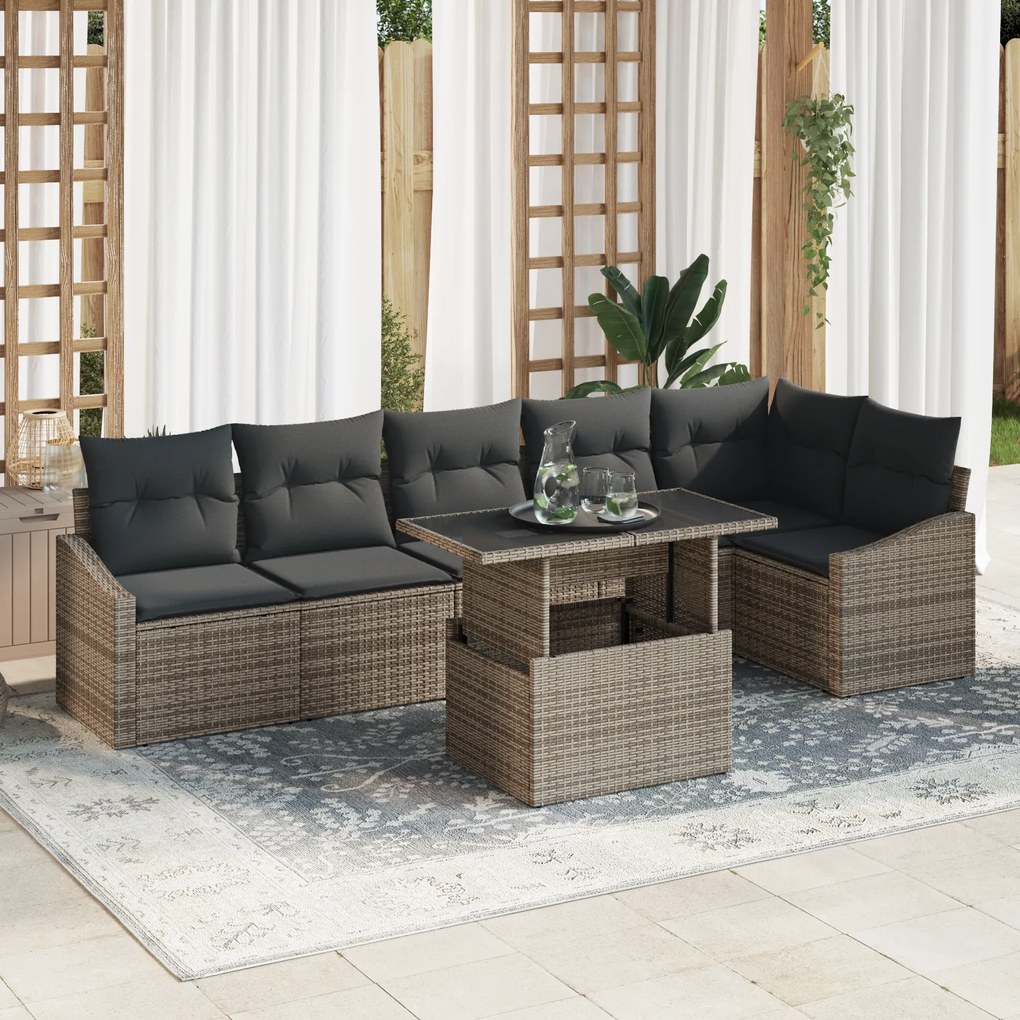 Conjunto de Sofá de Jardim de 7 Peças com Almofadas Cinza em Rattan Po