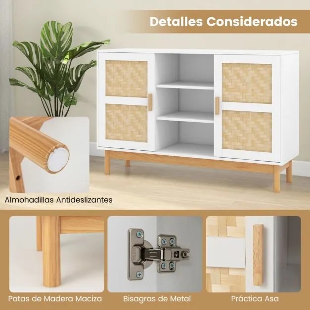 Aparador buffet 120 cm Armário de arrumação com 2 portas em tecido de bambu 3 Estantes abertas para cozinha Sala de jantar Branco