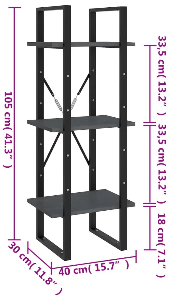 Estante c/ 3 prateleiras 40x30x105 cm pinho maciço cinzento