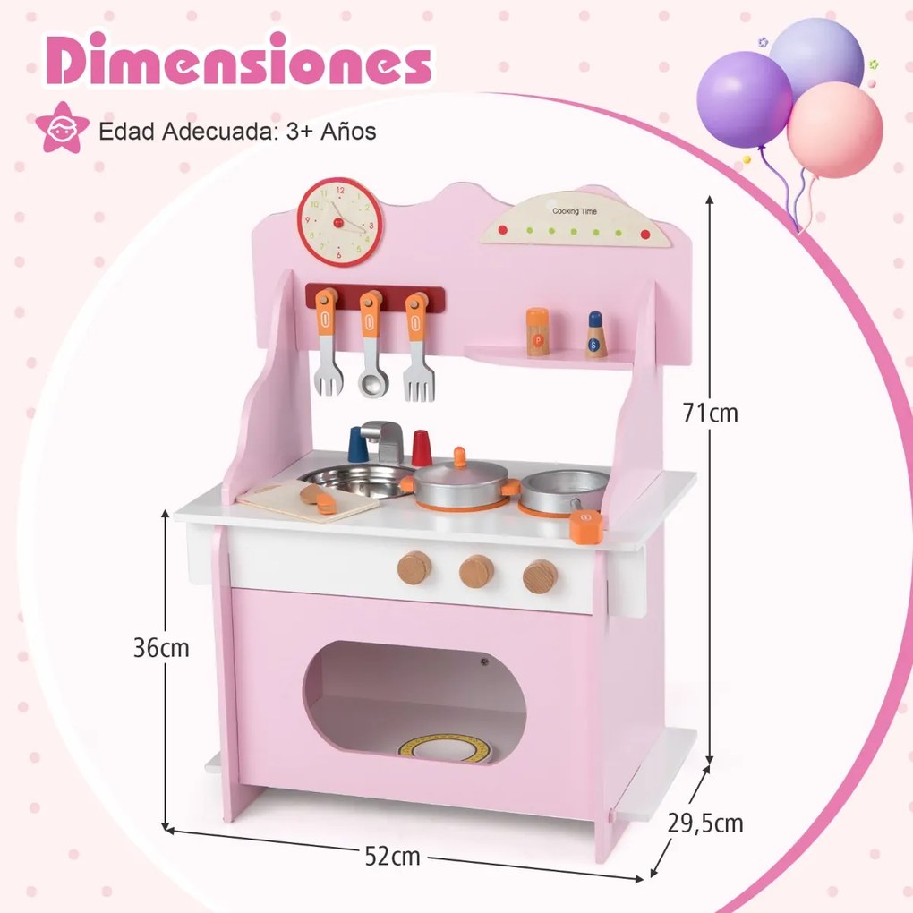 Cozinha de brincar em madeira para crianças 52 x 29,5 x 71 cm com relógio, fogão, prateleira, especiarias, torneira, lava-louças e forno para maiores