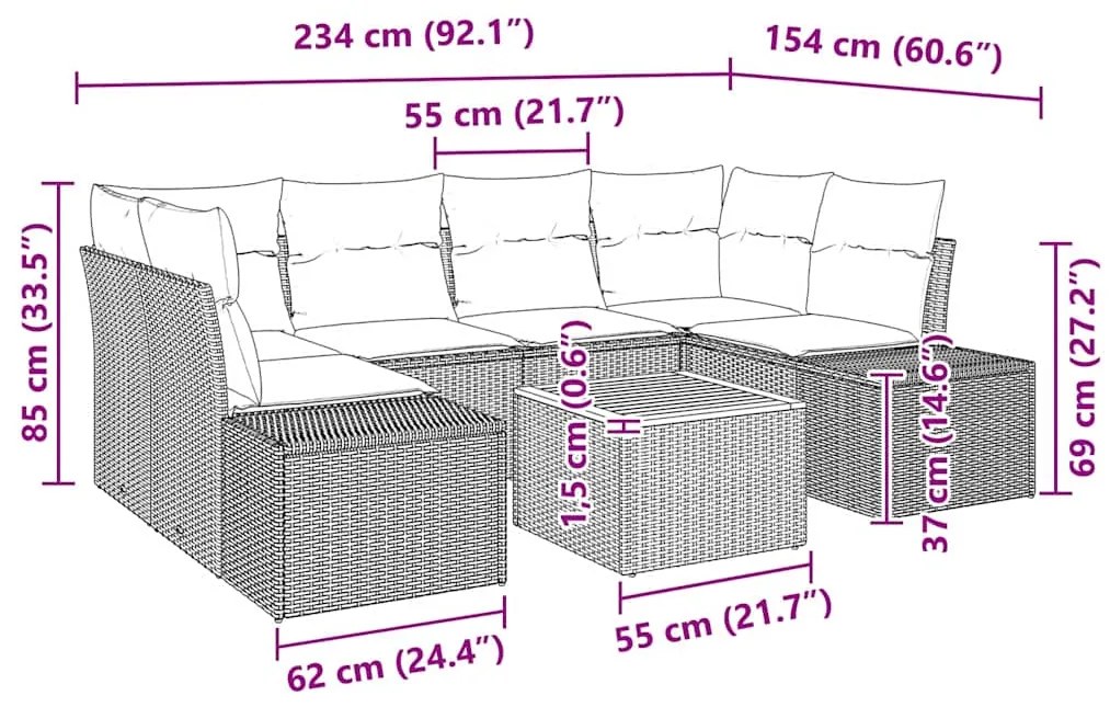 Conjunto de Sofás de Jardim com 7 Peças e Almofadas de Rattan Poliéste