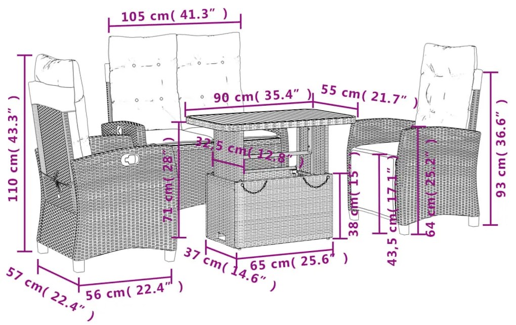 4 pcs conjunto de jantar p/ jardim c/ almofadões vime PE bege