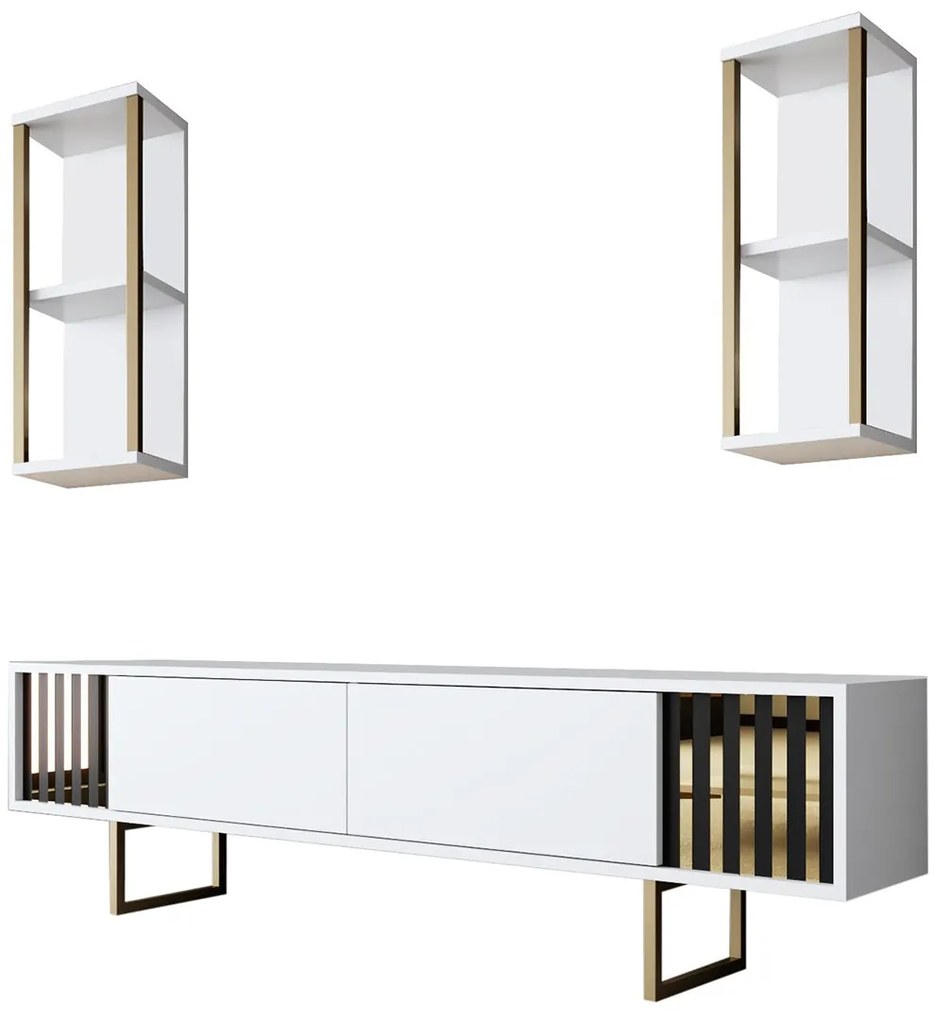 Móvel de TV "Gold" com 2 Prateleiras de Parede – Branco e Dourado - 18