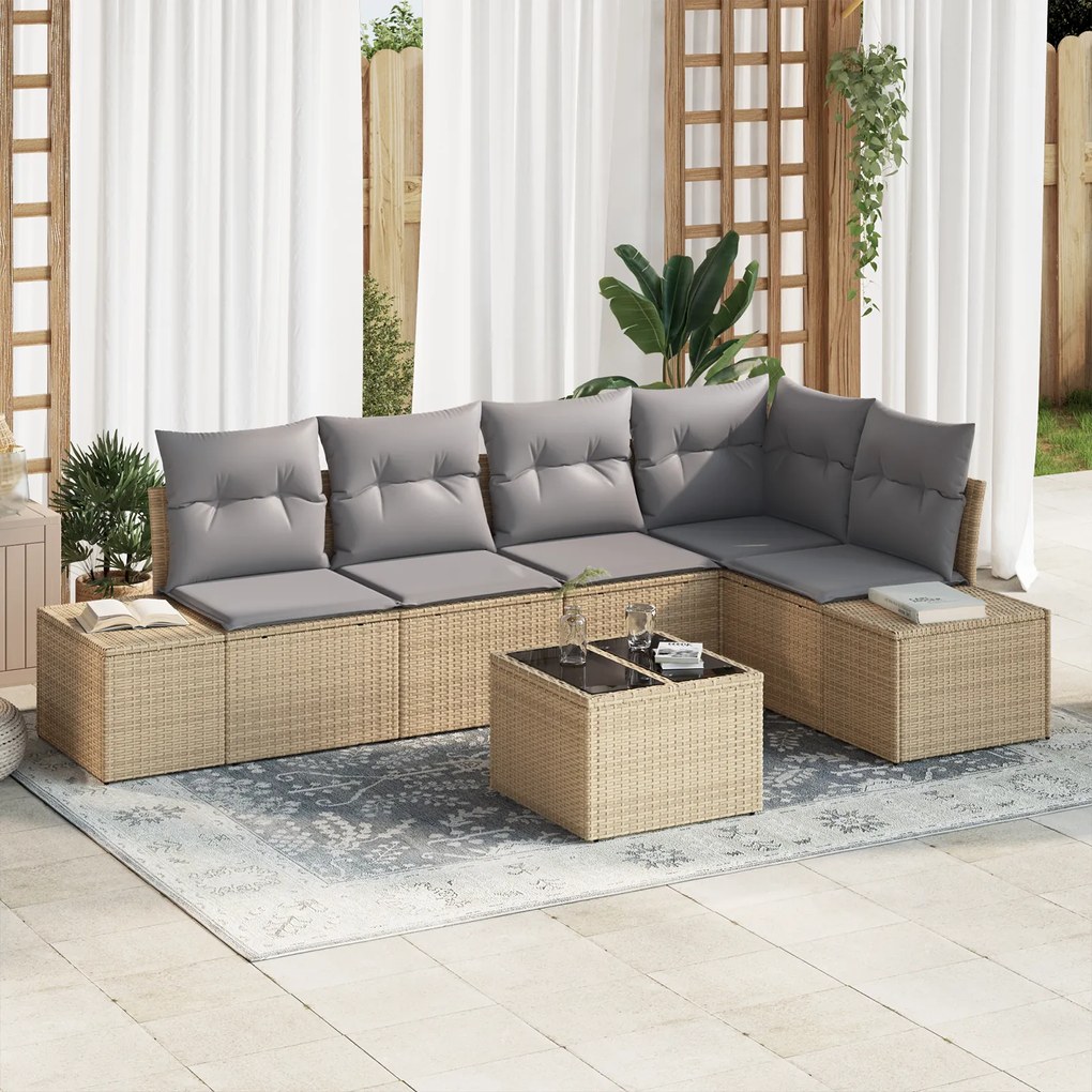 Conjunto de Sofás de Jardim de 6 peças com Almofadas de Rattan Preto