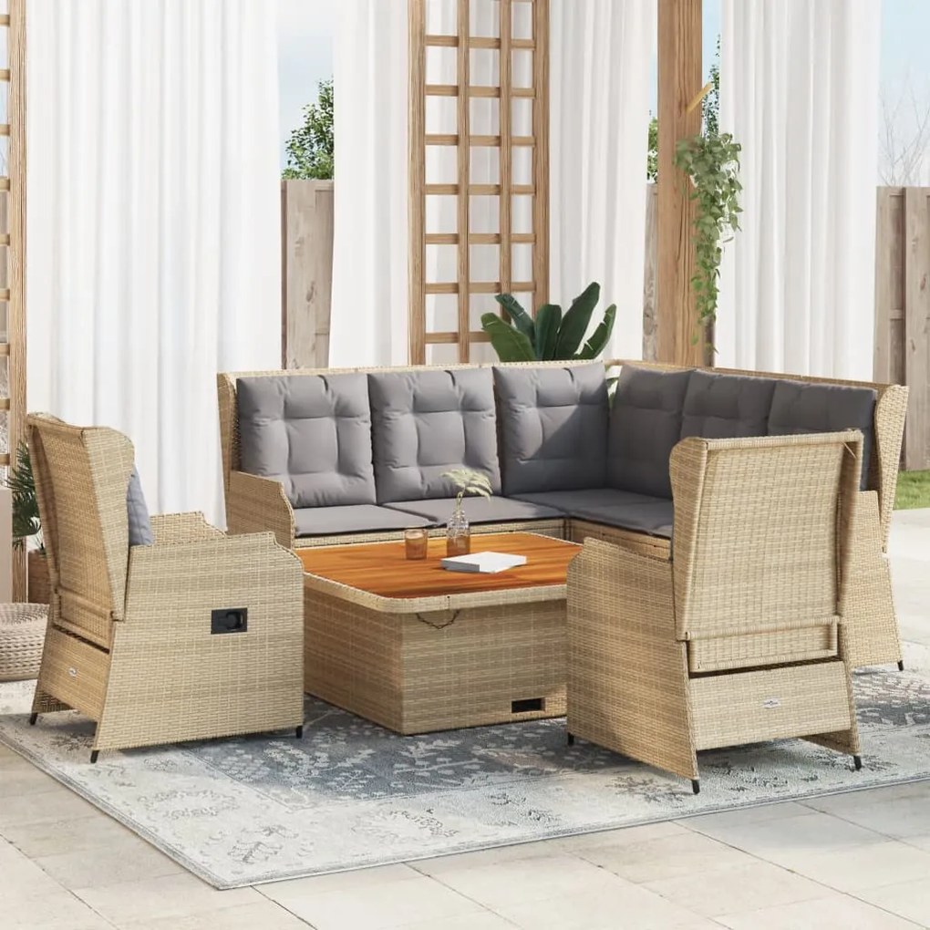 6 pcs conjunto lounge p/ jardim com almofadões vime PE bege