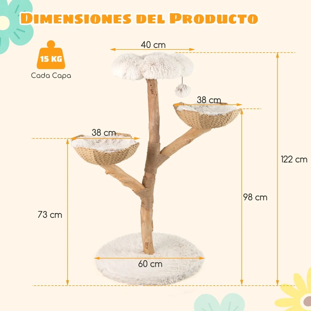 Arranhador para gatos com 2 cestos de rattan Plataforma em forma de flor para interior 61 x 122 cm Branco+Natural