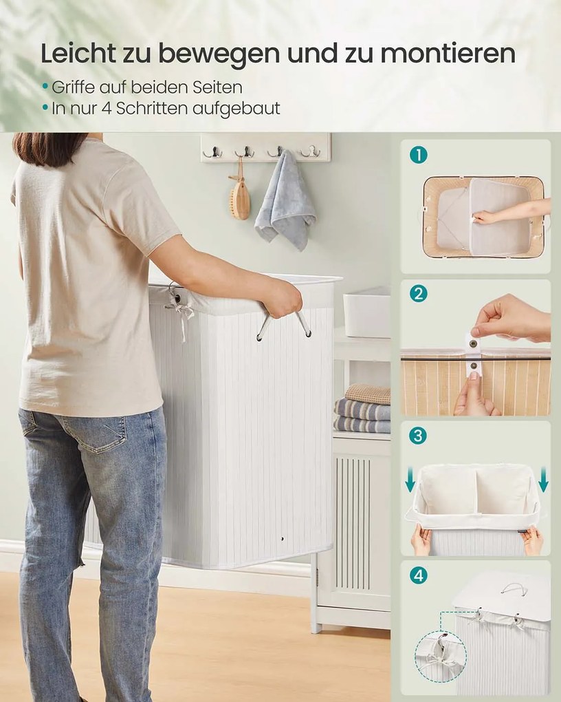 Cesto para roupa suja em bambu com 2 compartimentos 50 x 40 x 61 cm branco