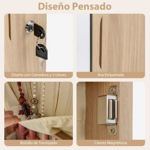 Armário de joias em madeira com espelho de parede e LED interno Organizador de porta ou parede com chave 35,5 x 10 x 120 cm Natural