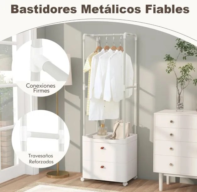 Guarda Roupa com 2 Gavetas Rodas Barra de Pendurar 4 Ganchos para Hall de Entrada Quarto Vestiário Branco