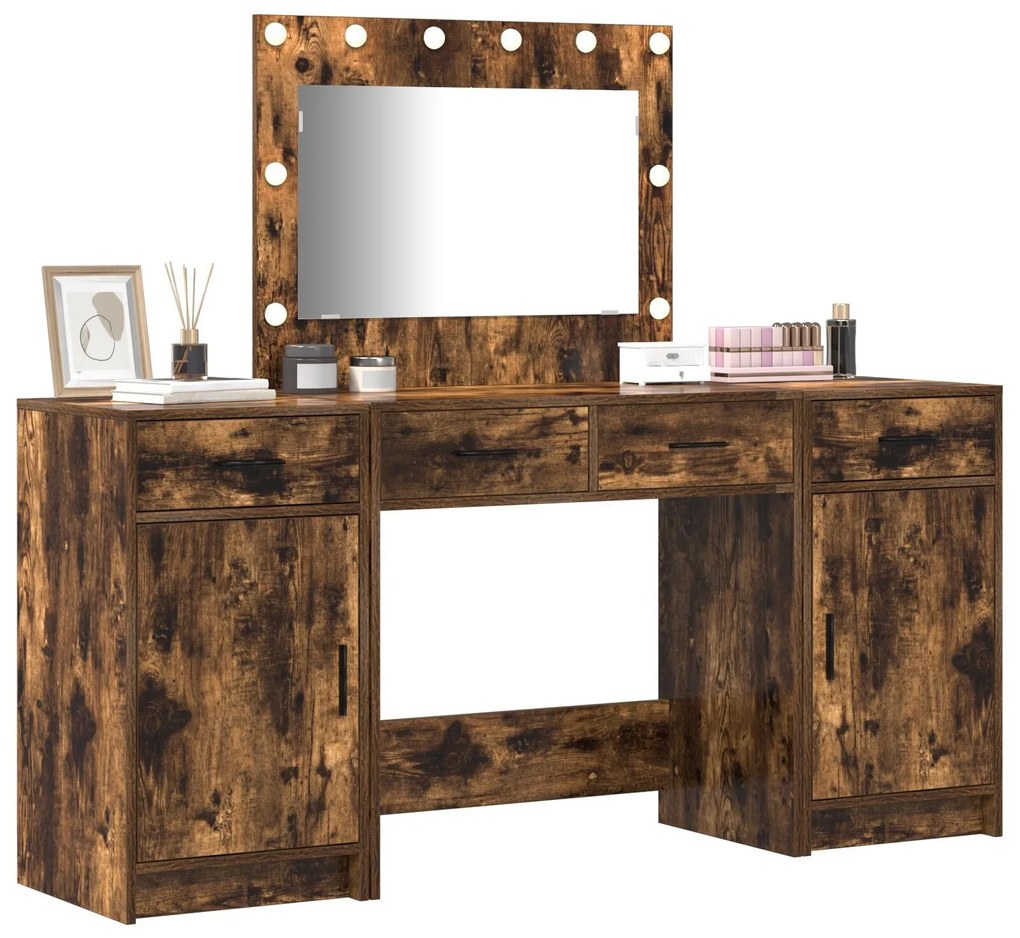 Conjunto de Mesa de Maquilhagem de 3 Peças com LED em Carvalhos Escuro