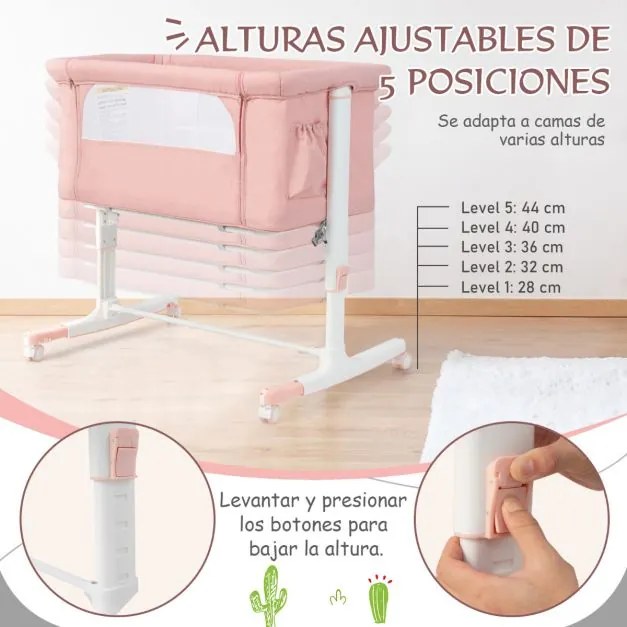 Berço infantil 3 em 1 com colchão 5 alturas ajustável 10° de inclinação 10° de bolsa lateral Berço de transporte portátil para bebés 86 x 63 x 81 cm R