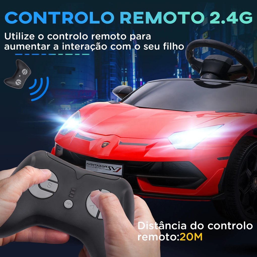 Carro Elétrico Lamborghini para Crianças 12V Velocidade 5km/h Controlo Remoto MP3 e Luzes 107,5x63x42 cm Vermelho