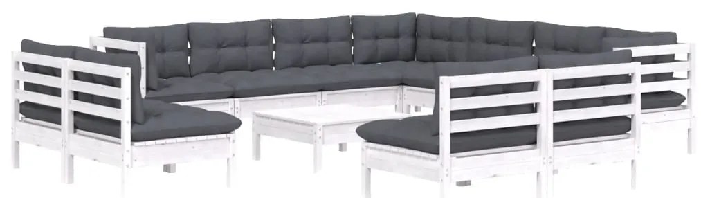 12 pcs conj. lounge de jardim c/ almofadões pinho maciço branco