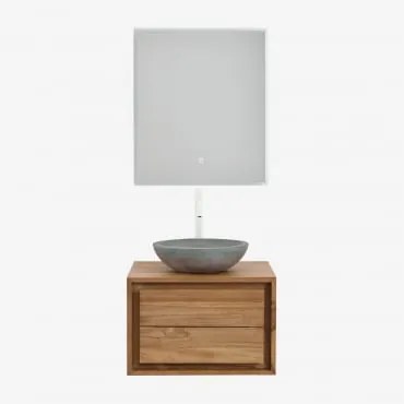 Conjunto De Móvel De Casa De Banho Em Madeira De Teca Jabari Madeira De Teca & Cimento Cinzento Redondo Ø40 Cm Tarsis & Led - Sklum