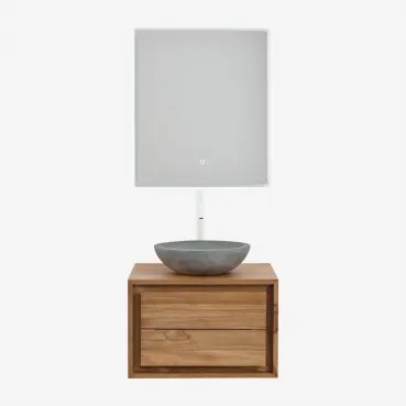 Conjunto De Móvel De Casa De Banho Suspenso Em Madeira De Teca Jabari Madeira De Teca & Cimento Cinzento Redondo Ø40 Cm Tarsis & Led - Sklum