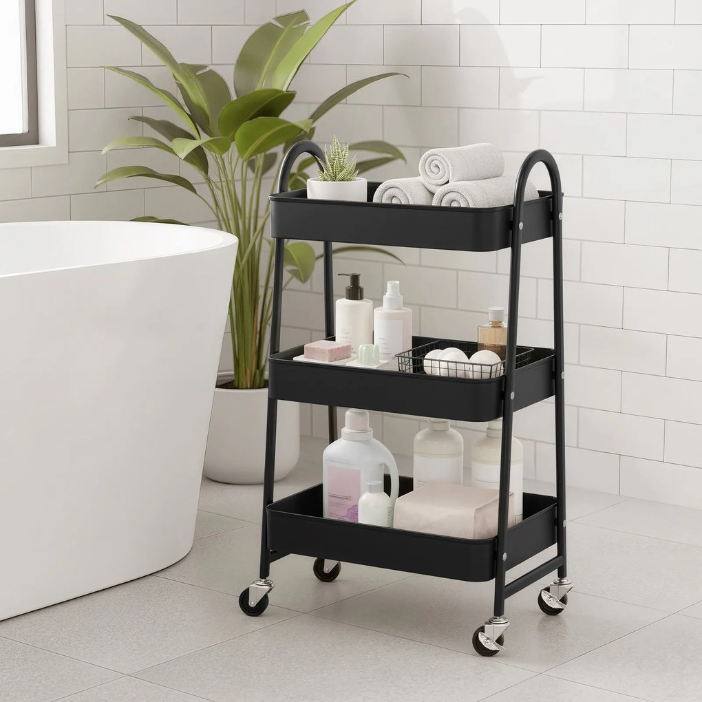 Carrinho multifuncional 3 níveis em metal 32,5 x 45,8 x 77,5 cm preto