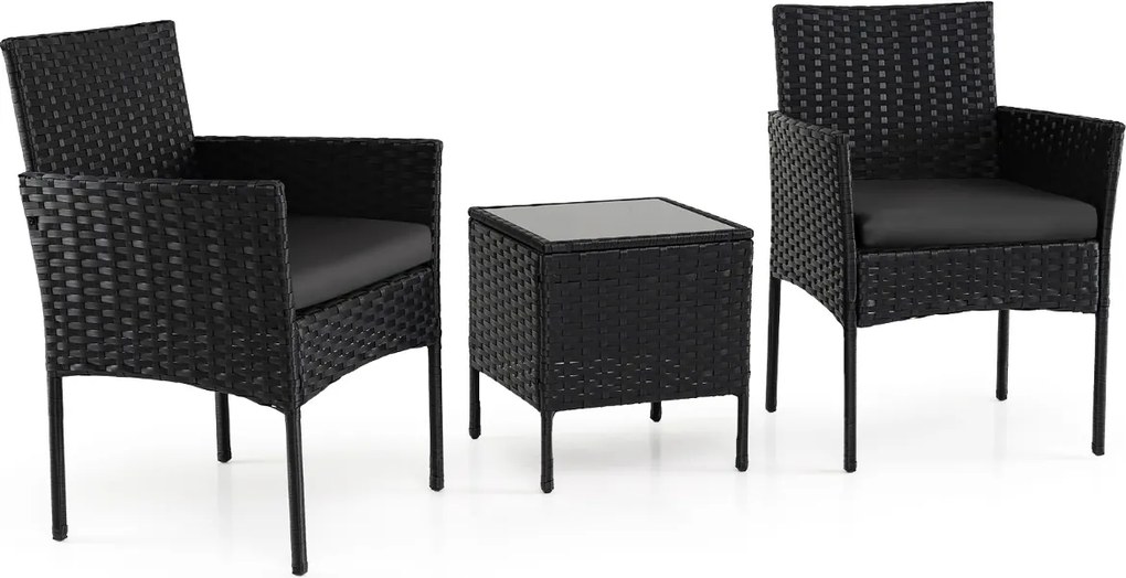 Conjunto de móveis de jardim de 3 peças em rattan com 2 cadeiras e Mesa auxiliar de vidro para terraço, pátio ou varanda Preto
