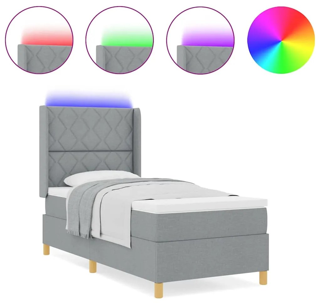 Cama Box com Colchão e Luz LED Cinza Claro 90x190 cm Tecido