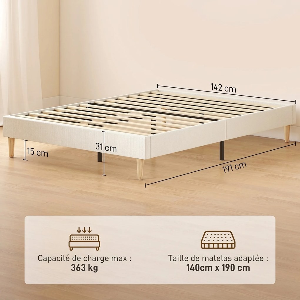 Estrutura de Cama de Casal, 191 x 142 x 31 cm (COLCHÃO NÃO INCLUIDO), Estofada em Veludo Cotelê, Creme