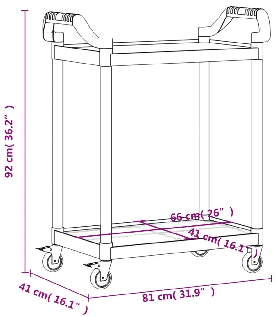 Carrinho c/ 2 prateleiras 81x41x92 cm alumínio cinzento