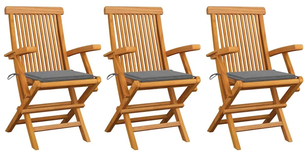 Cadeiras de jardim c/ almofadões cinzentos 3 pcs teca maciça
