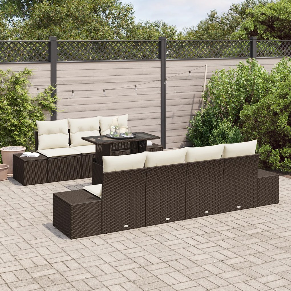 Conjunto de Sofás de Jardim com 8 Peças e Almofadas Castanho em Rattan