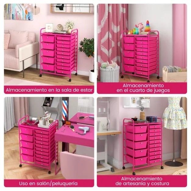 Carrinho multiusos com gavetas amovíveis e rodas com fecho Organizador de acessórios 63 x 37 x 87cm Rosa Escuro