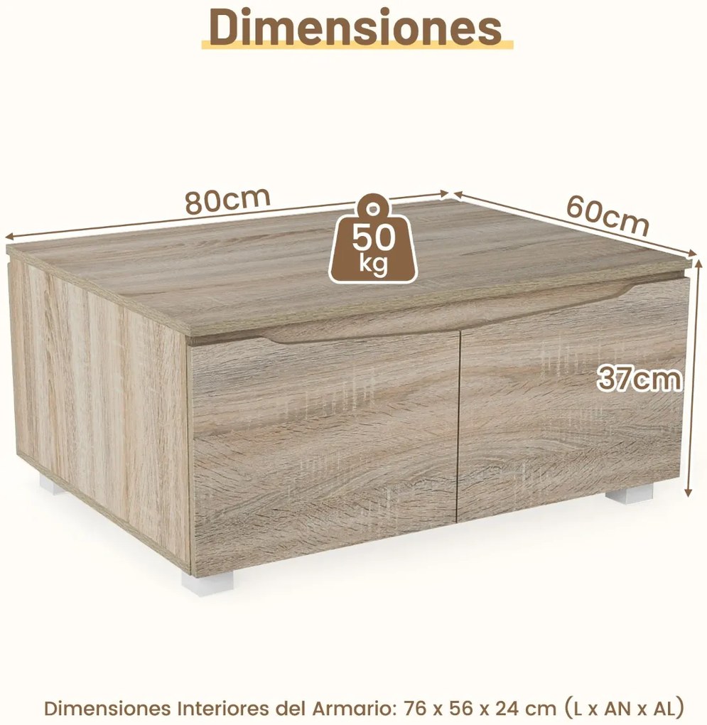 Mesa de centro rústica 80 x 60 x 37 cm baixa com arrumação com 4 portas e abertura em 2 direções castanha