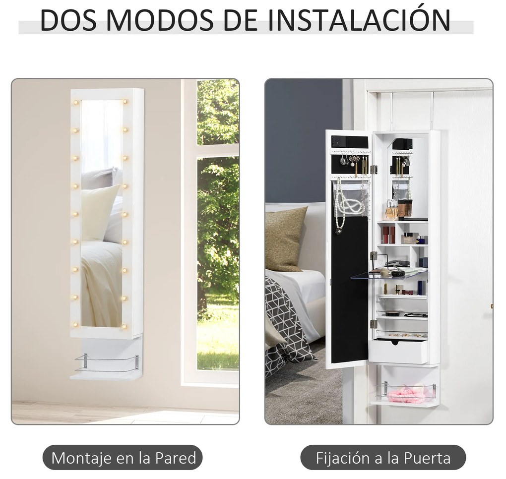 HOMCOM Espelho com Móvel de Bijuterias de Parede ou Porta Armário Guarda Jóias com 18 Luzes LED Altura Ajustável e Prateleira Aberta Organizador de Jóias 31,7x13,4x130cm Branco