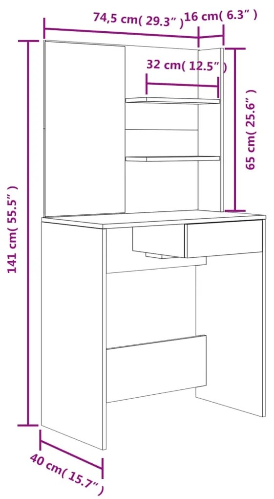 Conjunto de toucador 74,5x40x141 cm preto