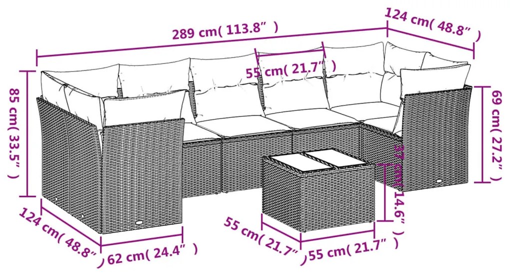 8 pcs conjunto de sofás p/ jardim com almofadões vime PE bege