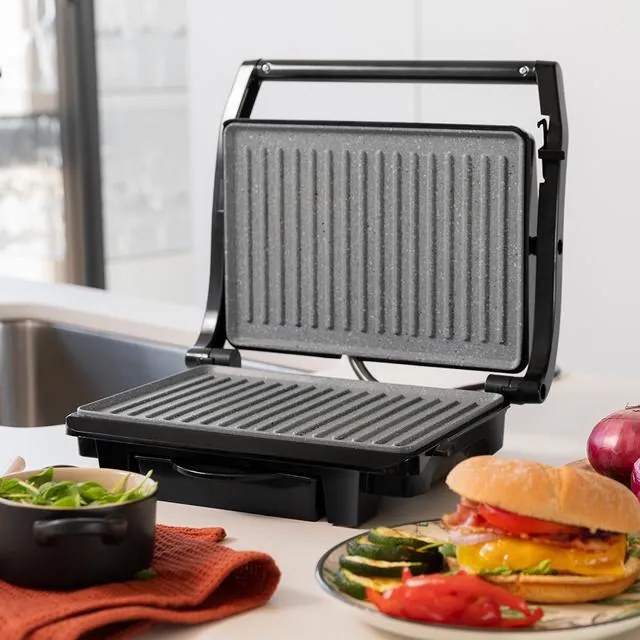 Grelhador elétrico Rock'nGrill Dark 1000. 1000 W, revestimento de pedra, tabuleiro para gorduras, placa superior flutuante, superfície 25,4x17,5 cm, s