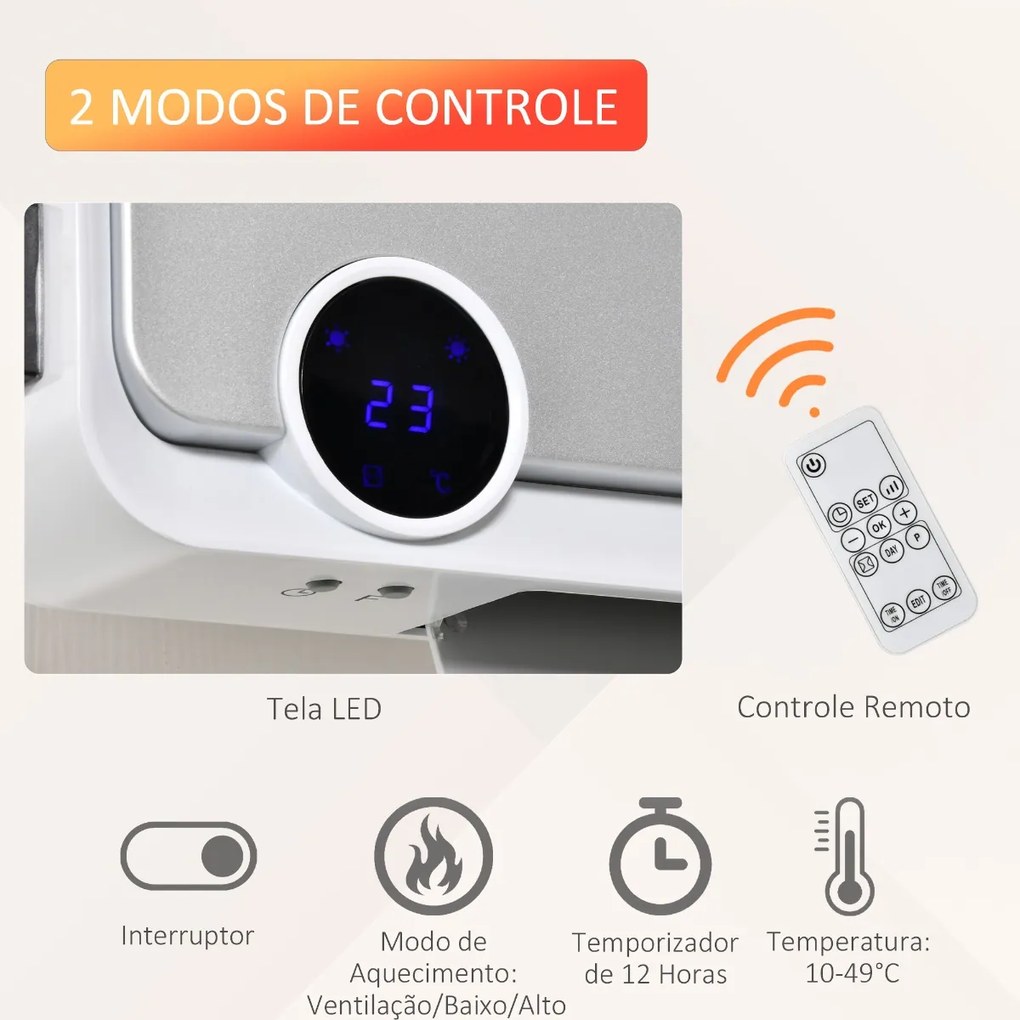 Aquecedor Cerâmico de Parede 1000W/2000W com Controle Remoto Tela LED Temporizador de 12h Termostato e Proteção contra Superaquecimento 56x18,5x11,7cm