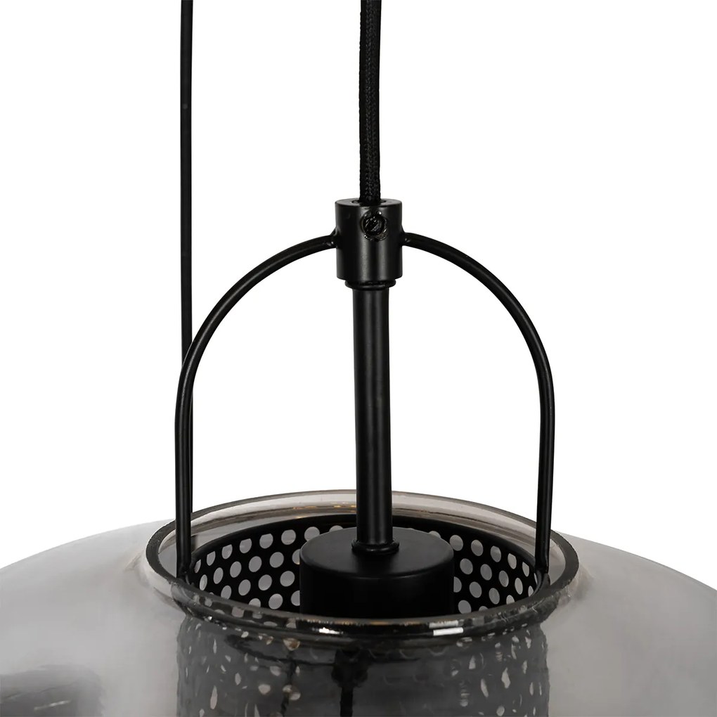 Candeeiro de suspensão preto com vidro fumê redondo 3 luzes - Kevin Art Deco