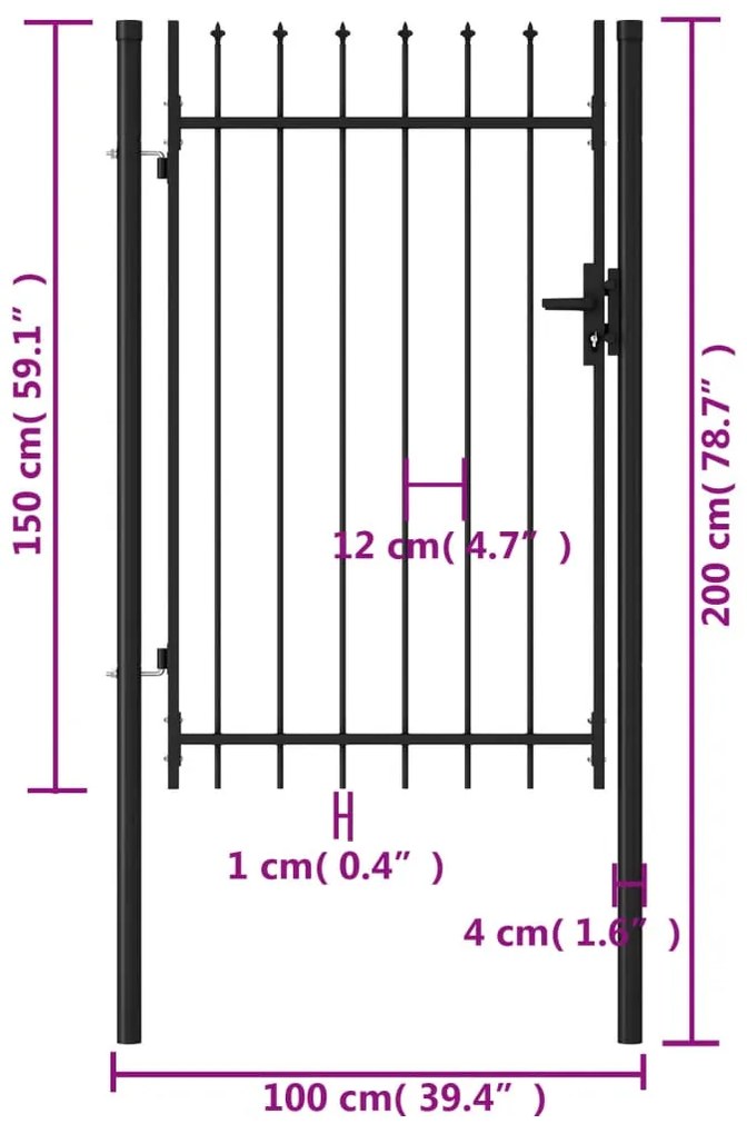 Portão de vedação individual topo em espeto aço 1x1,5m preto