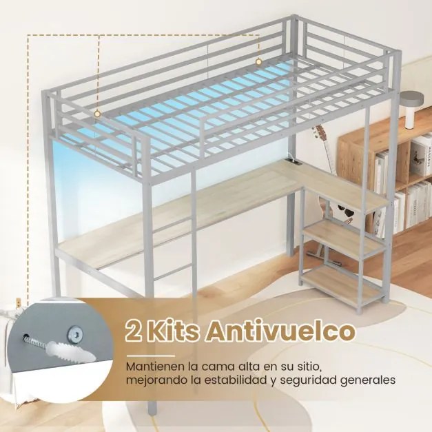 Cama alta 200 x 90 cm com secretária para crianças com estação de carregamento LED  de metal com corrimão e escada prata