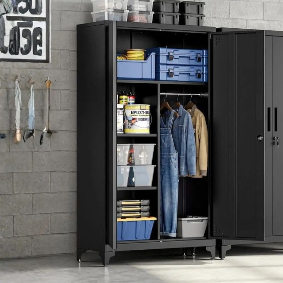 Armário arrumação multifuncional com 2 portas e 5 compartimentos, 80 x 40 x 165 cm, preto mate