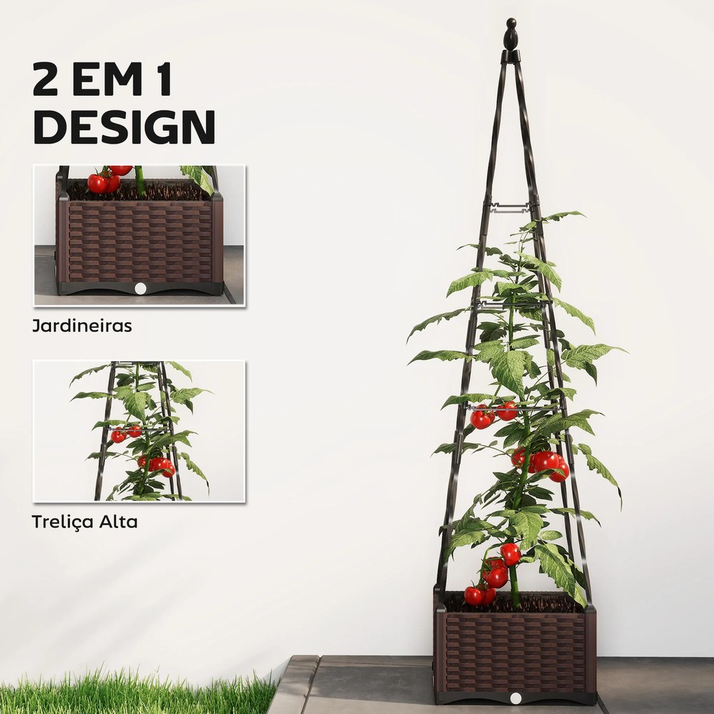 Floreira com Treliça Metálica para Plantas Trepadeiras Vaso de PP com Orifícios de Drenagem e Tampões 40x40x175 cm Castanho e Preto