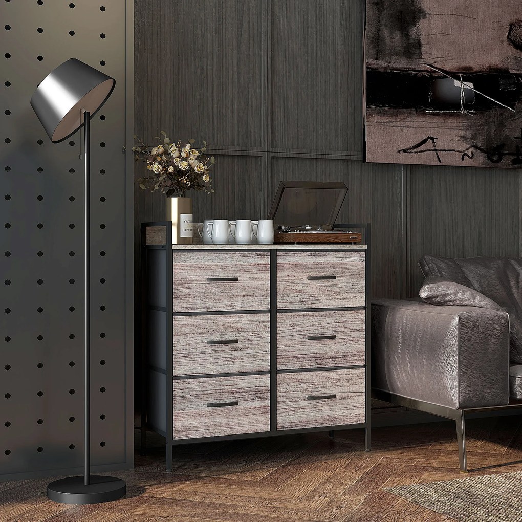 Cómoda com 6 Gavetas Dobráveis de Tecido Estrutura de Aço e Estilo Industrial 79x29x85 cm Cinzento