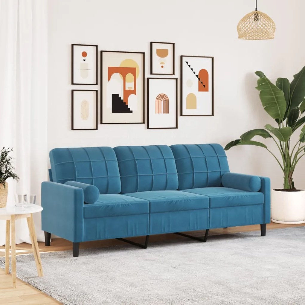 Sofá 3 lugares c/ almofadas decorativas 180 cm veludo azul