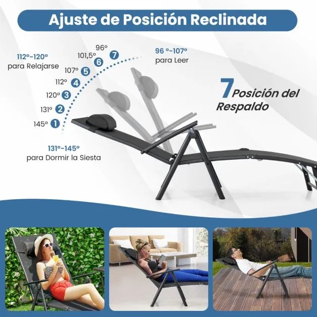 Espreguiçadeira de jardim reclinável Encosto portátil ajustável em 7 posições Carga 150 kg para piscina, Varanda, jardim Preta