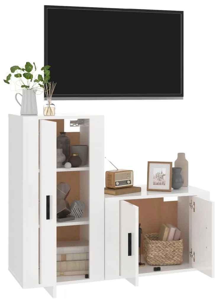 2 pcs conjunto móveis de TV derivados madeira branco brilhante