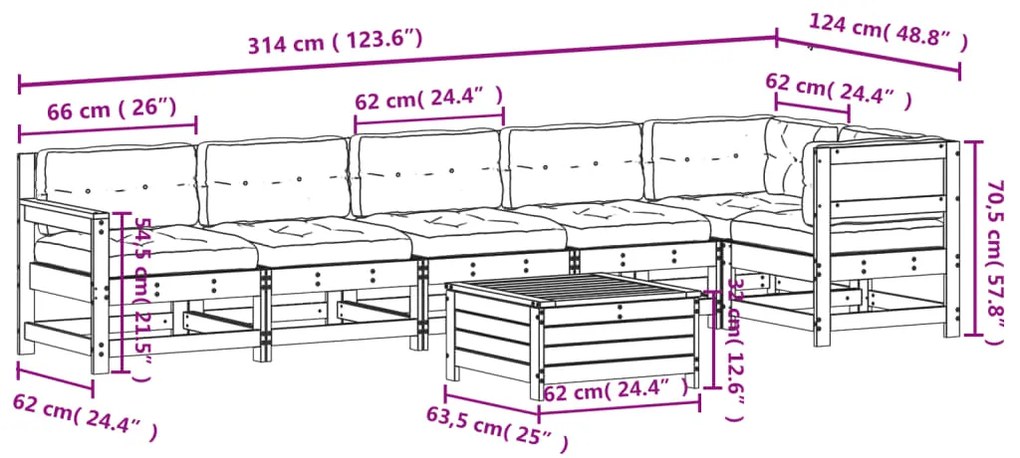 7 pcs conjunto lounge de jardim c/ almofadões pinho impregnado