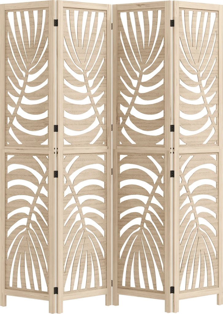 Biombo de interior em madeira com 4 painéis, 160 x 170 cm, dobrável e portátil, com padrão de folhas, design removível, madeira natural