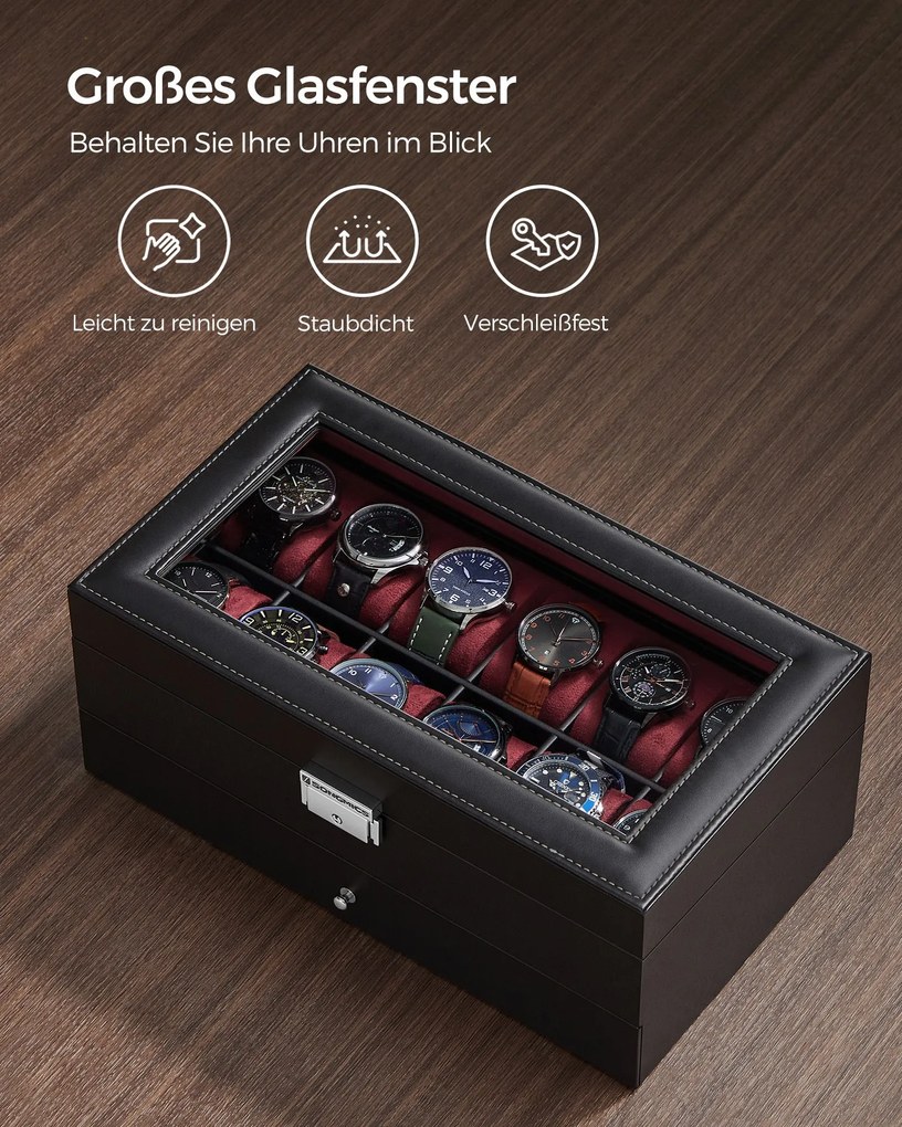Caixa para relógios com 12 compartimentos e tampa de vidro 18,5 x 32,5 x 13,5 cm, forro interior em vermelho vinho, preta
