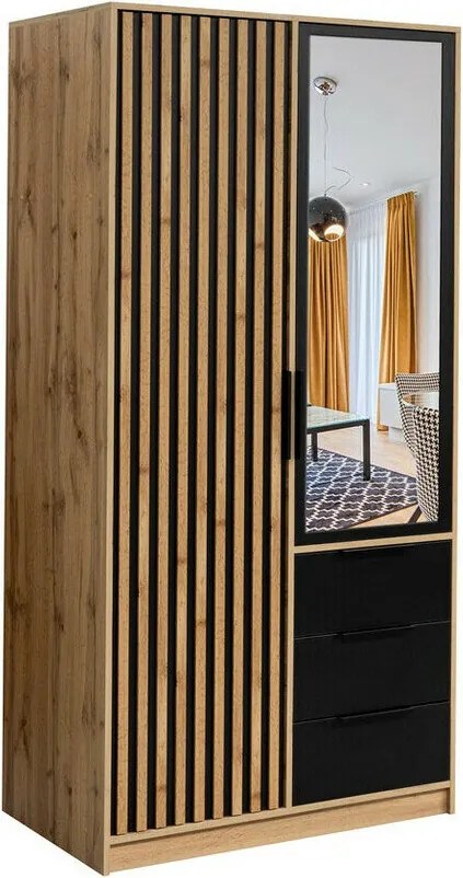 Roupeiro Enolevo 112, Carvalho wotan, Preto, 200x100x58cm, Portas para roupeiro: Com dobradiças, Número de prateleiras: 4, Número de prateleiras: 4