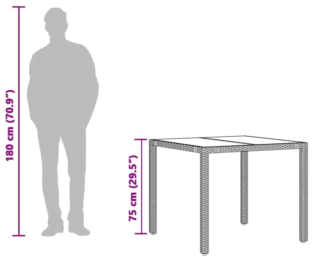 Mesa de jardim com tampo de vidro 90x90x75 cm vime PE castanho