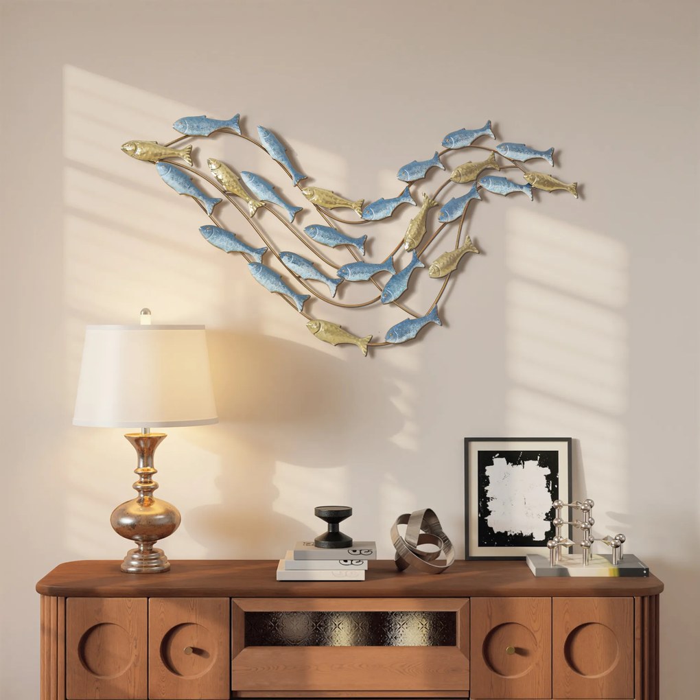 Decoração de parede moderna em metal, escultura de parede em metal com um motivo único de peixe, 100 x 50 cm, azul claro