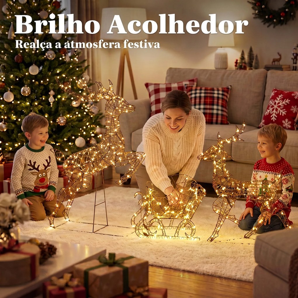 Conjunto de Renas e Trenó de Natal com Luzes, 3 Peças, em Rattan de PP, 240 LED, 8 Modos e Temporizador